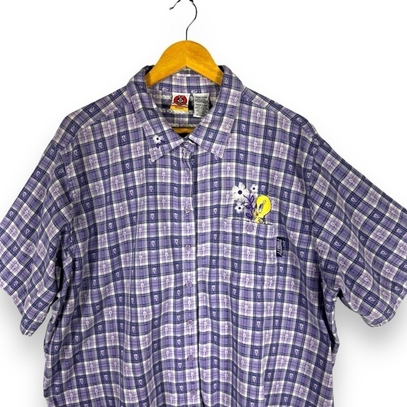 Looney Tunes Vintage Tweety Embroidered Button Up Top, Lilac Plaid, Size 26/28W - Picture 2 of 11